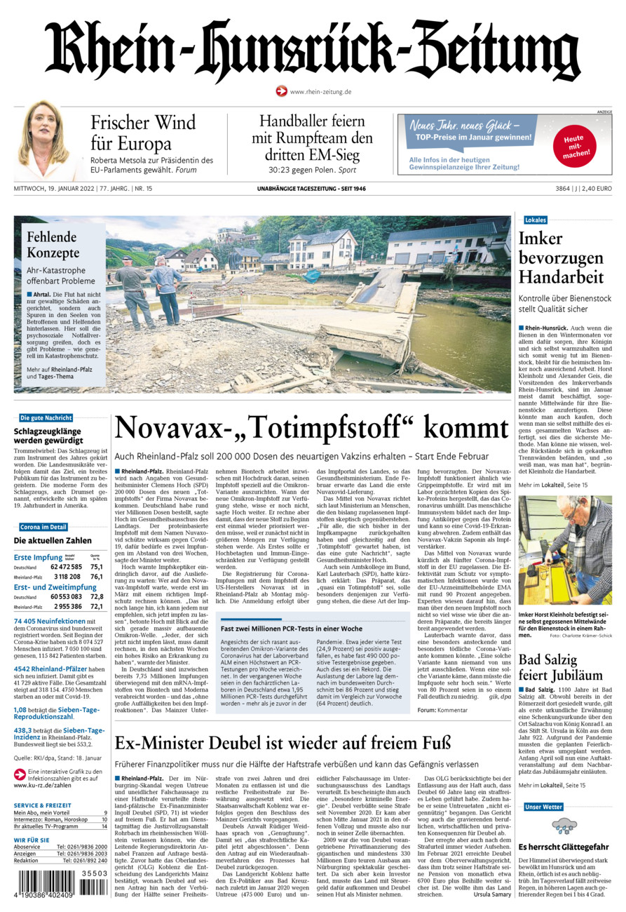 Rhein-Hunsrück-Zeitung vom Mittwoch, 19.01.2022