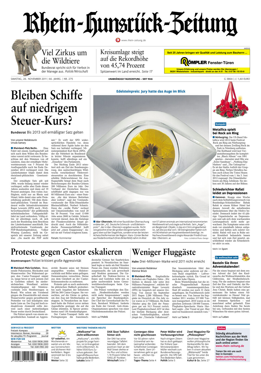 Rhein-Hunsrück-Zeitung vom Samstag, 26.11.2011