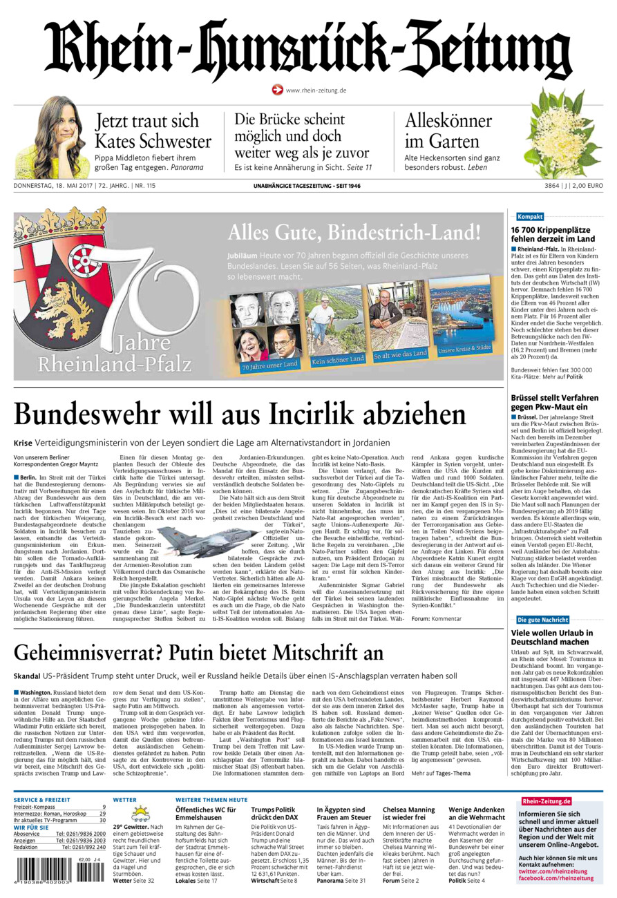 Rhein-Hunsrück-Zeitung vom Donnerstag, 18.05.2017