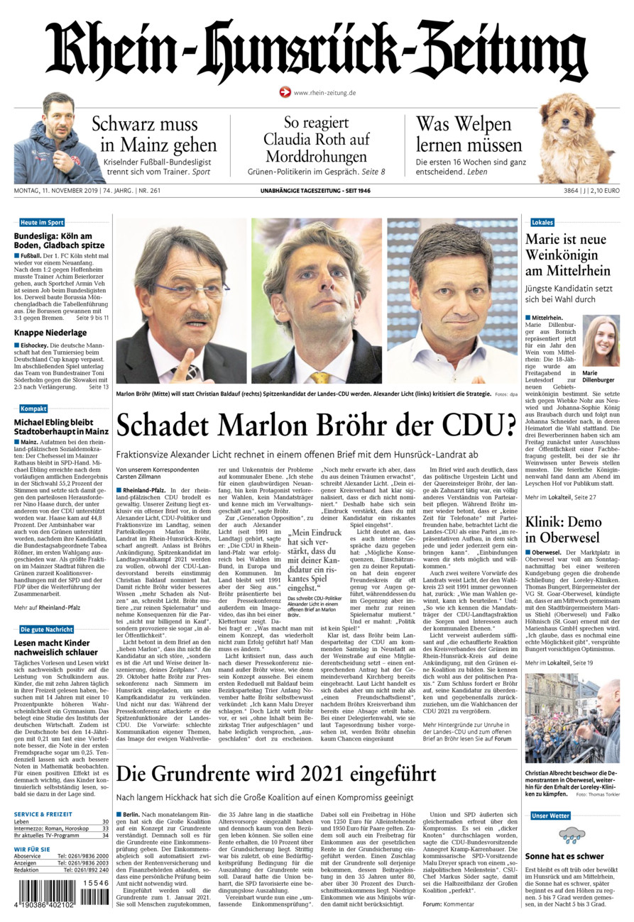 Rhein-Hunsrück-Zeitung vom Montag, 11.11.2019