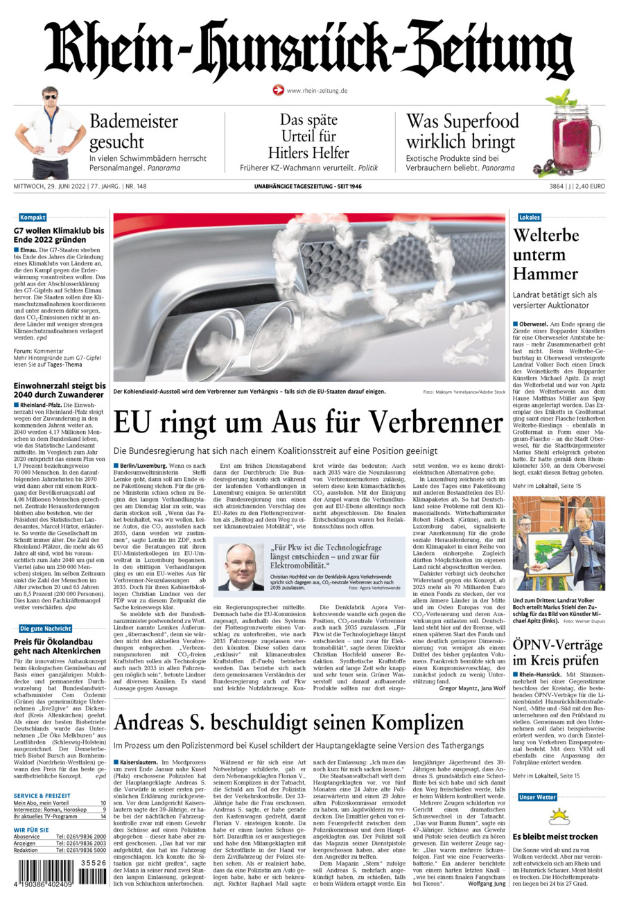 Rhein-Hunsrück-Zeitung vom Mittwoch, 29.06.2022