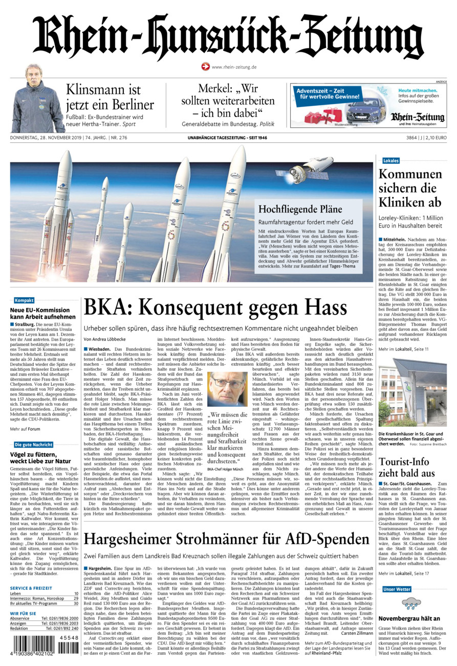 Rhein-Hunsrück-Zeitung vom Donnerstag, 28.11.2019