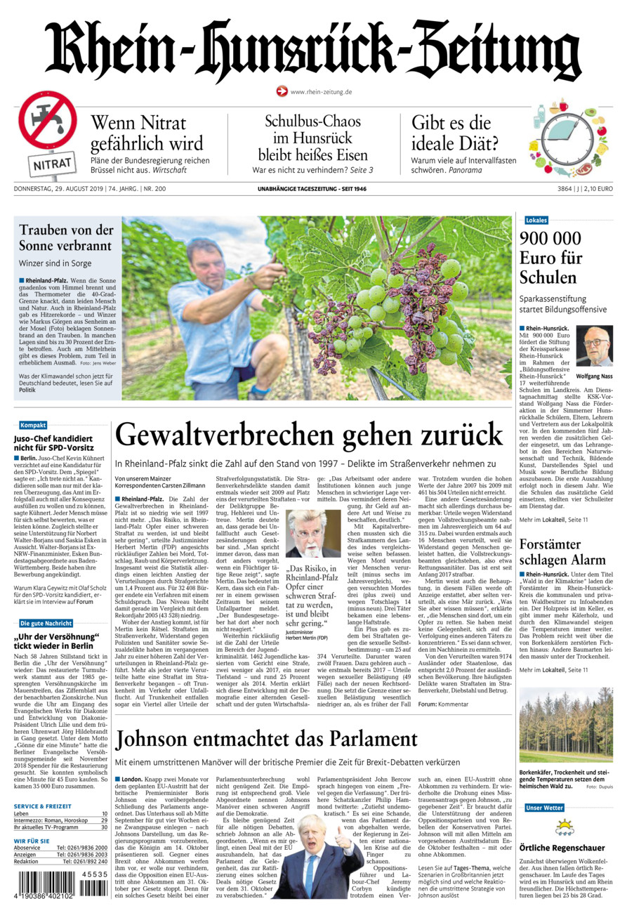 Rhein-Hunsrück-Zeitung vom Donnerstag, 29.08.2019