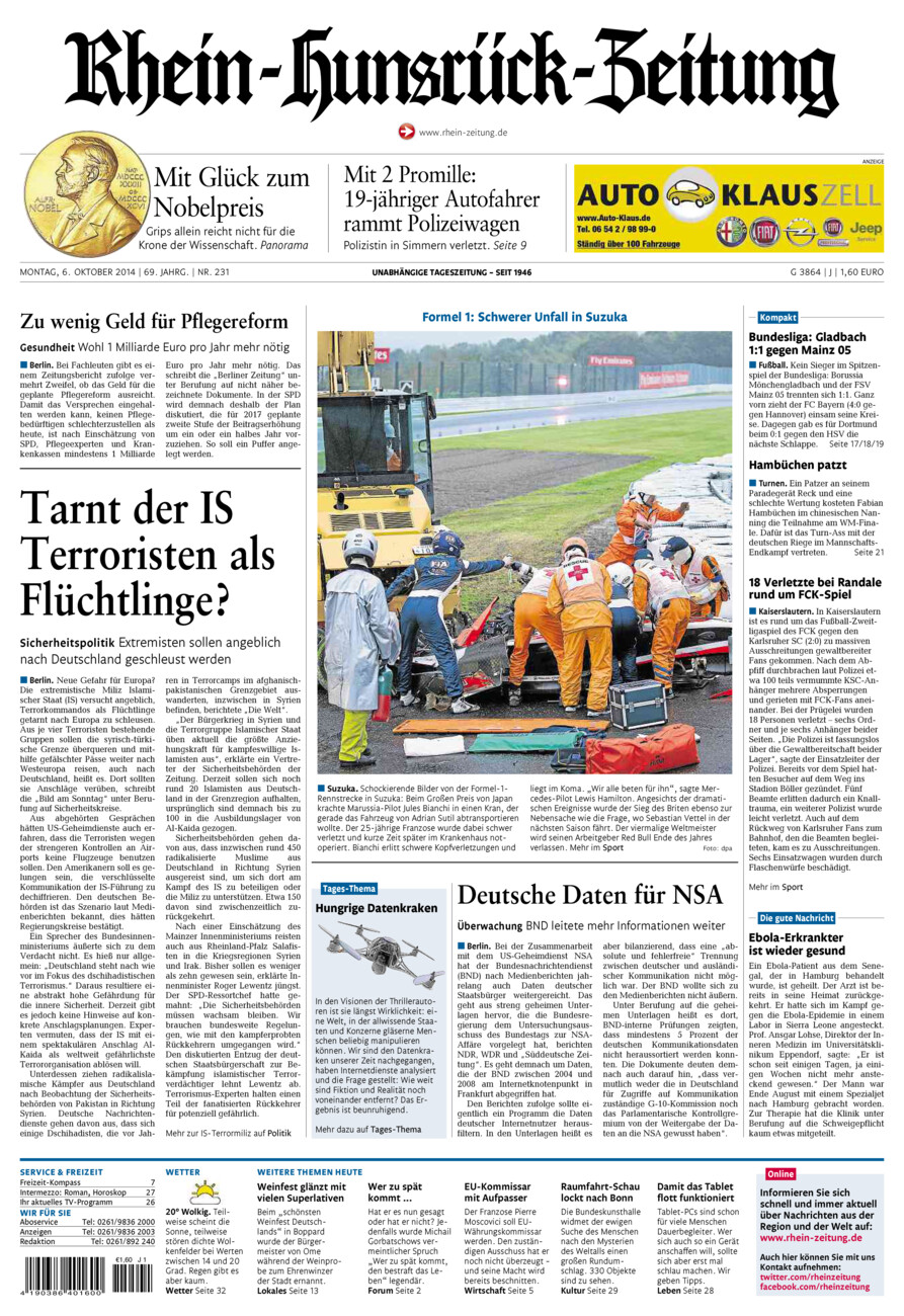 Rhein-Hunsrück-Zeitung vom Montag, 06.10.2014