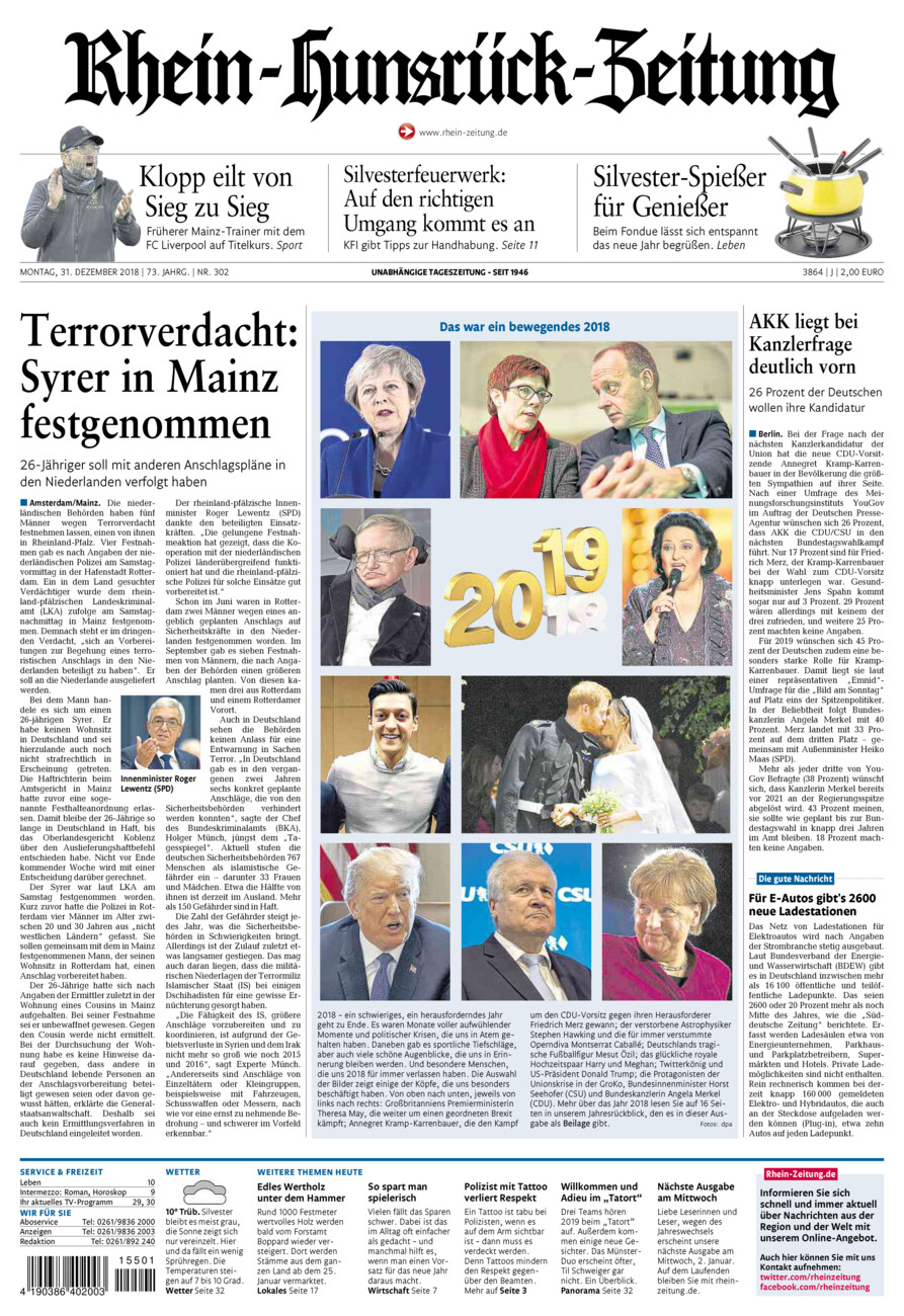 Rhein-Hunsrück-Zeitung vom Montag, 31.12.2018