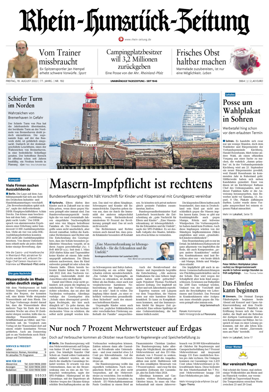 Rhein-Hunsrück-Zeitung vom Freitag, 19.08.2022