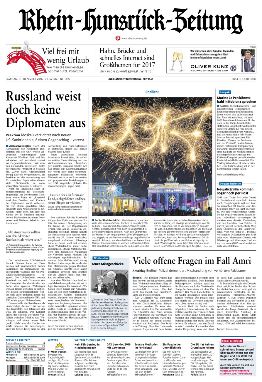 Rhein-Hunsrück-Zeitung vom Samstag, 31.12.2016