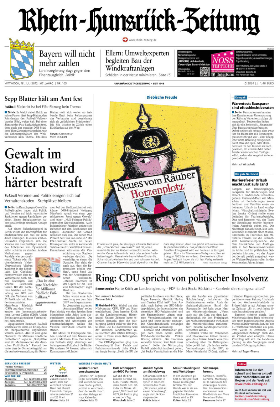 Rhein-Hunsrück-Zeitung vom Mittwoch, 18.07.2012