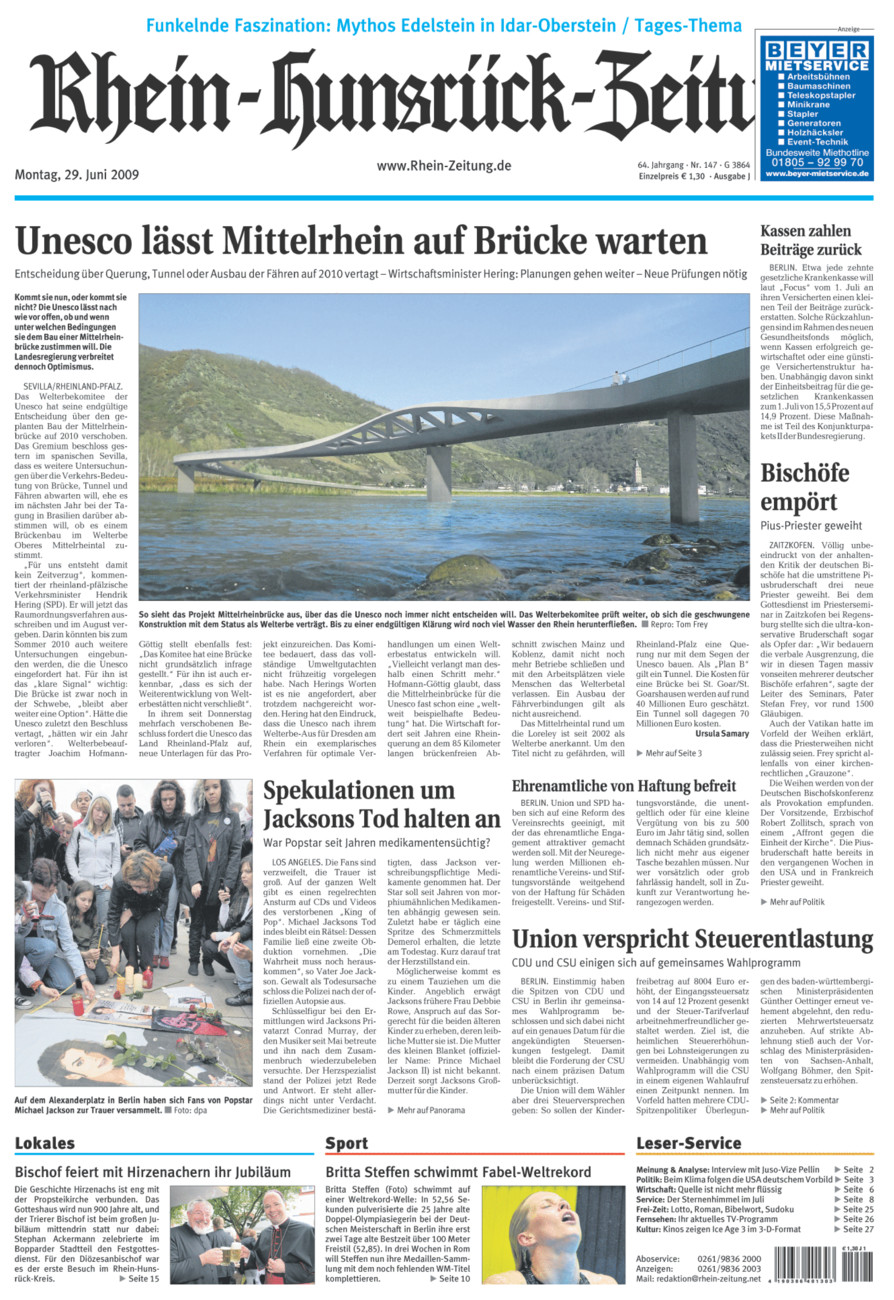 Rhein-Hunsrück-Zeitung vom Montag, 29.06.2009