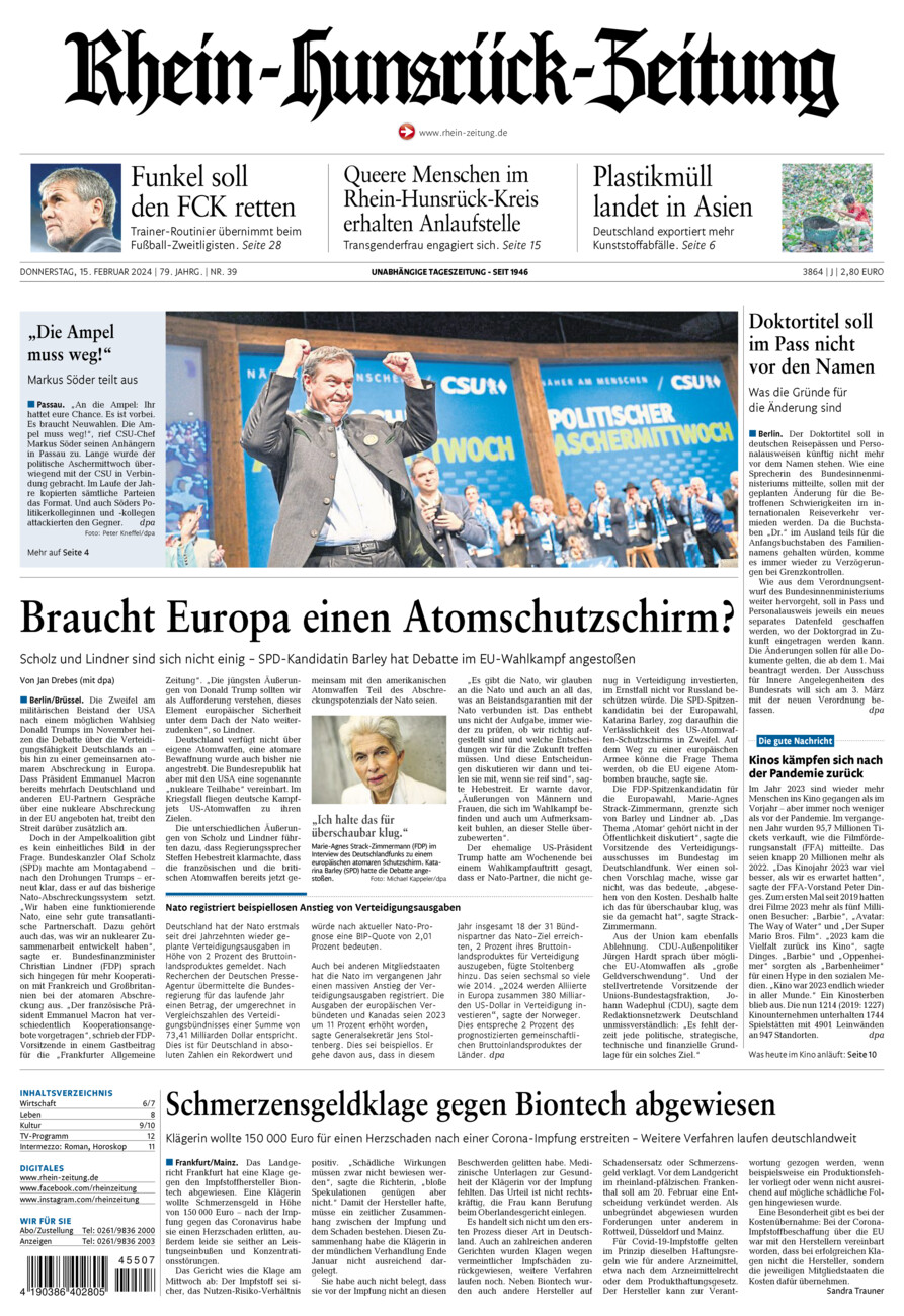 Rhein-Hunsrück-Zeitung vom Donnerstag, 15.02.2024