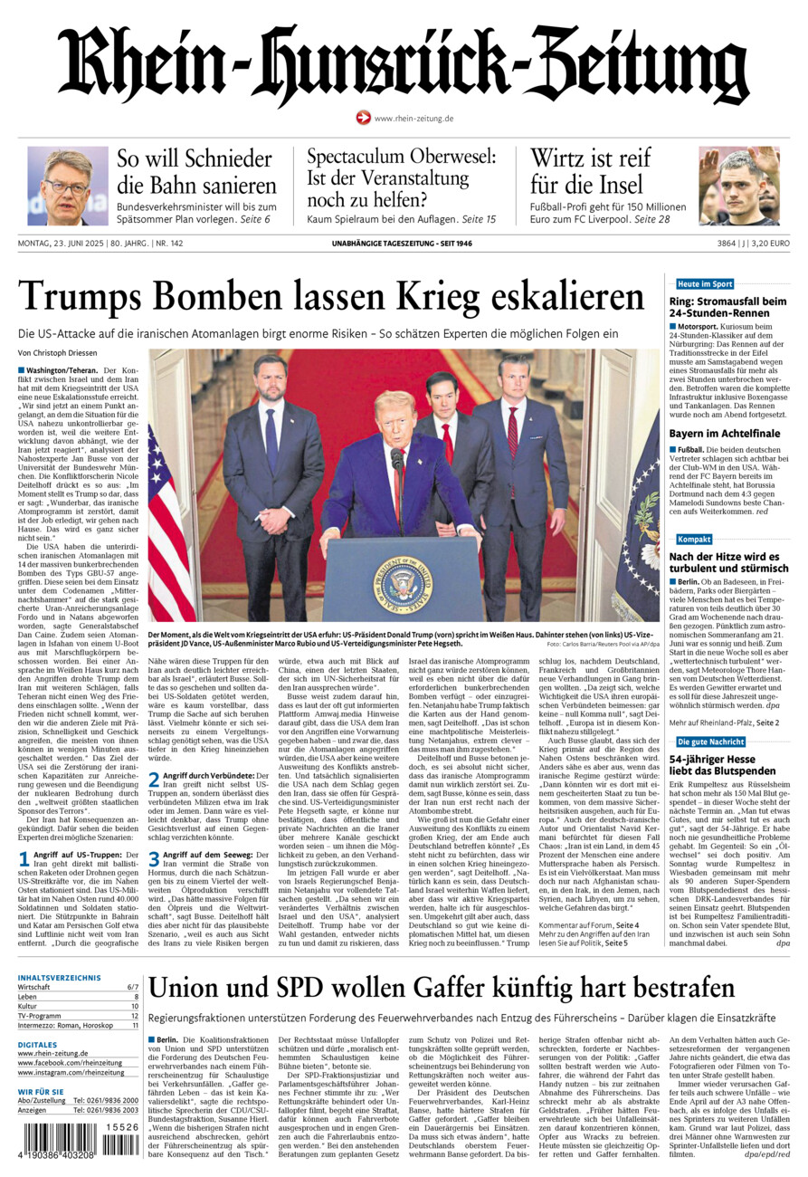 Rhein-Hunsrück-Zeitung vom Montag, 23.06.2025