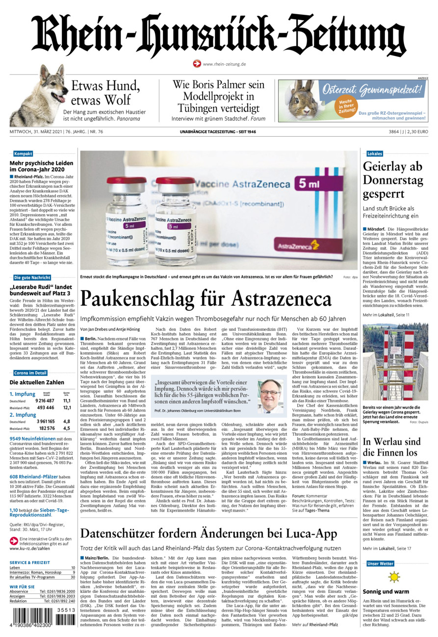 Rhein-Hunsrück-Zeitung vom Mittwoch, 31.03.2021