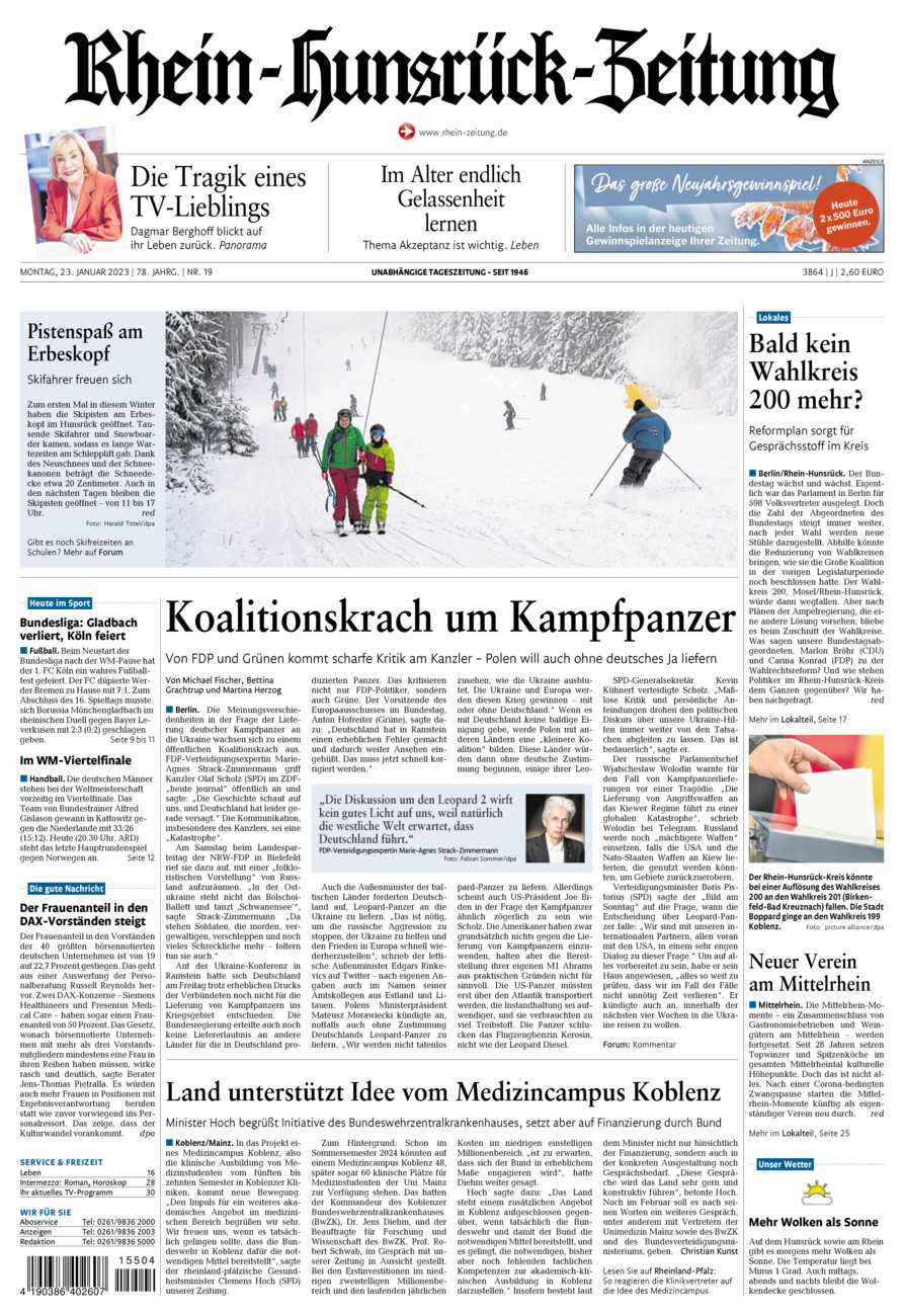 Rhein-Hunsrück-Zeitung vom Montag, 23.01.2023