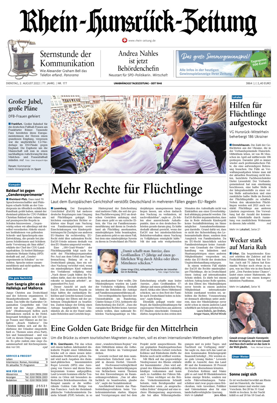 Rhein-Hunsrück-Zeitung vom Dienstag, 02.08.2022