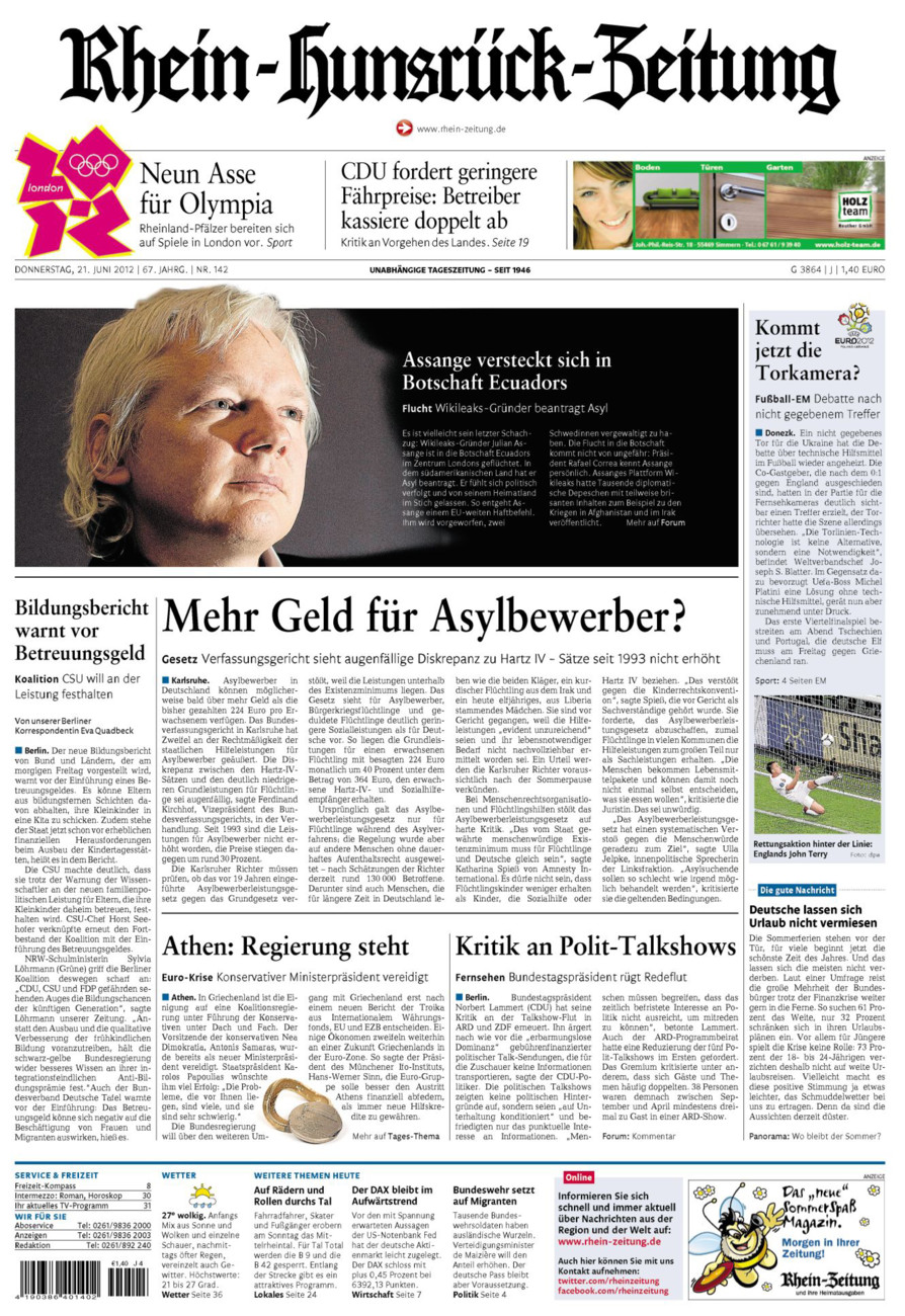 Rhein-Hunsrück-Zeitung vom Donnerstag, 21.06.2012