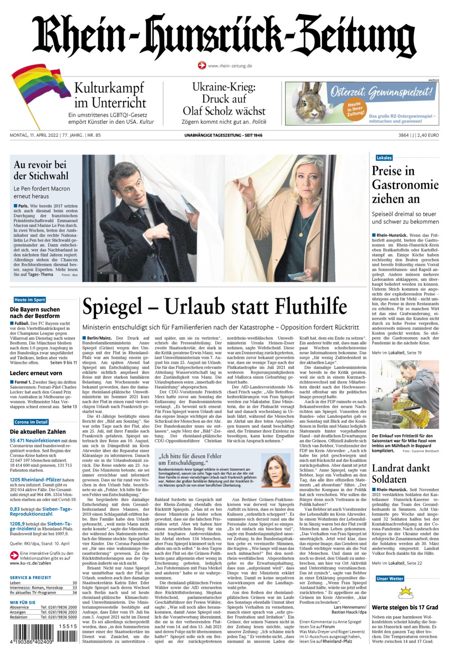 Rhein-Hunsrück-Zeitung vom Montag, 11.04.2022