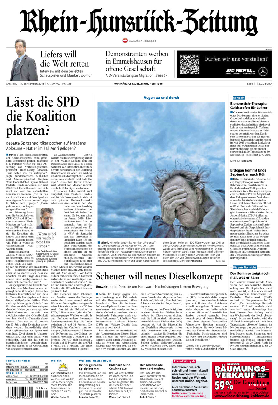 Rhein-Hunsrück-Zeitung vom Samstag, 15.09.2018