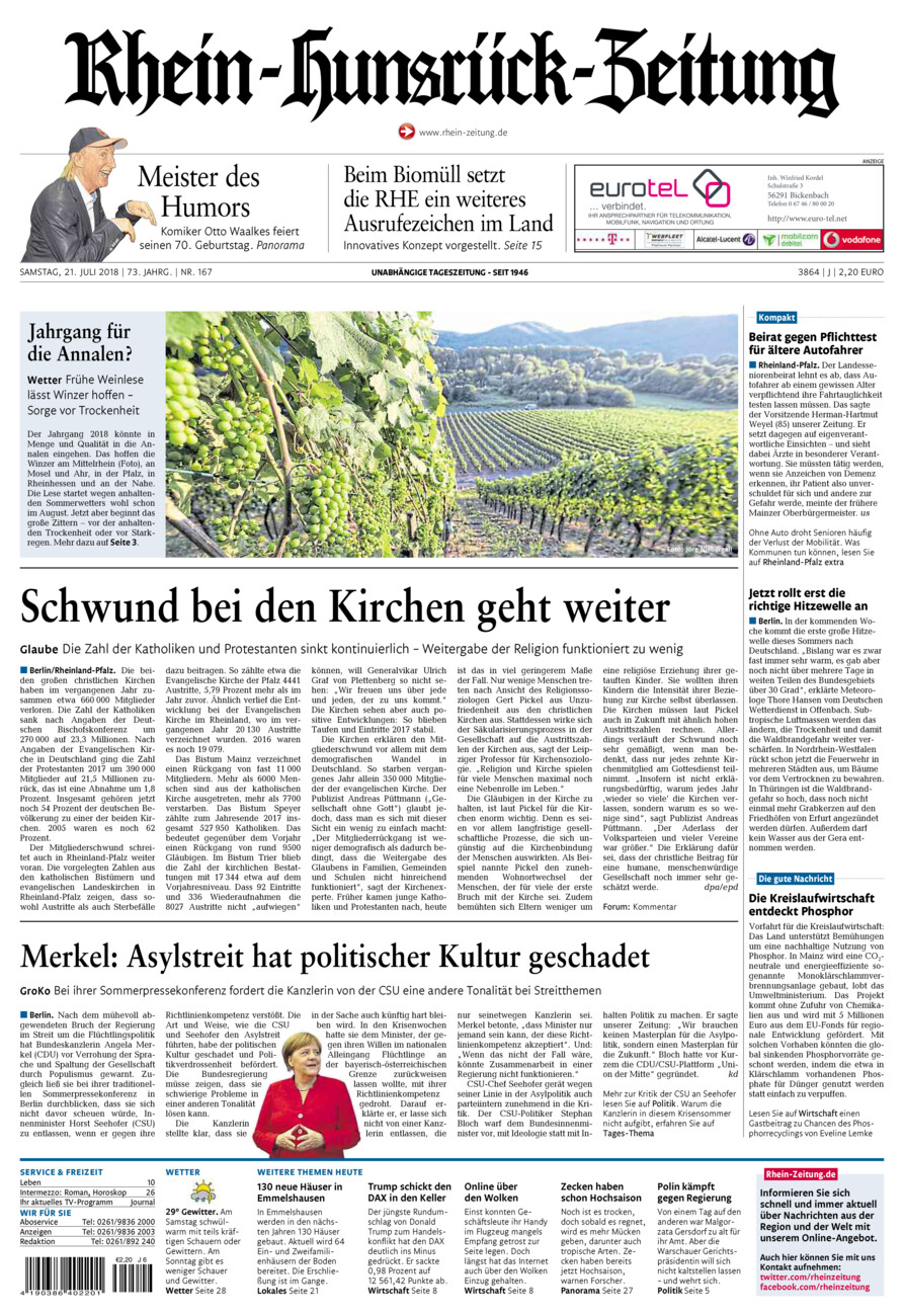 Rhein-Hunsrück-Zeitung vom Samstag, 21.07.2018