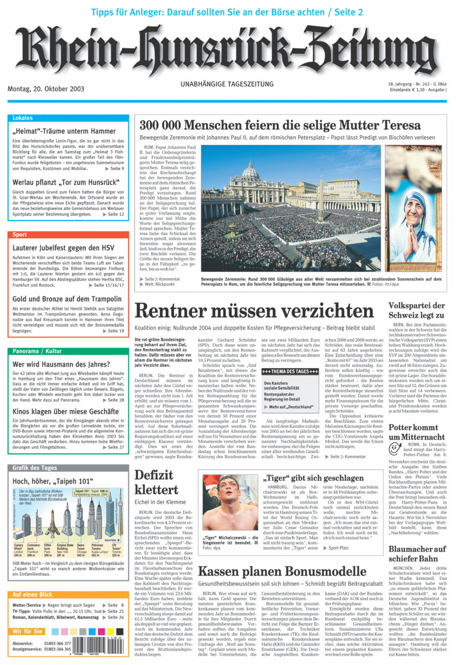 Rhein-Hunsrück-Zeitung vom Montag, 20.10.2003