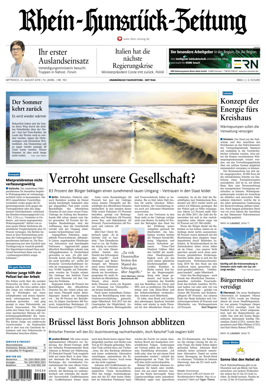 Rhein-Hunsrück-Zeitung vom Mittwoch, 21.08.2019