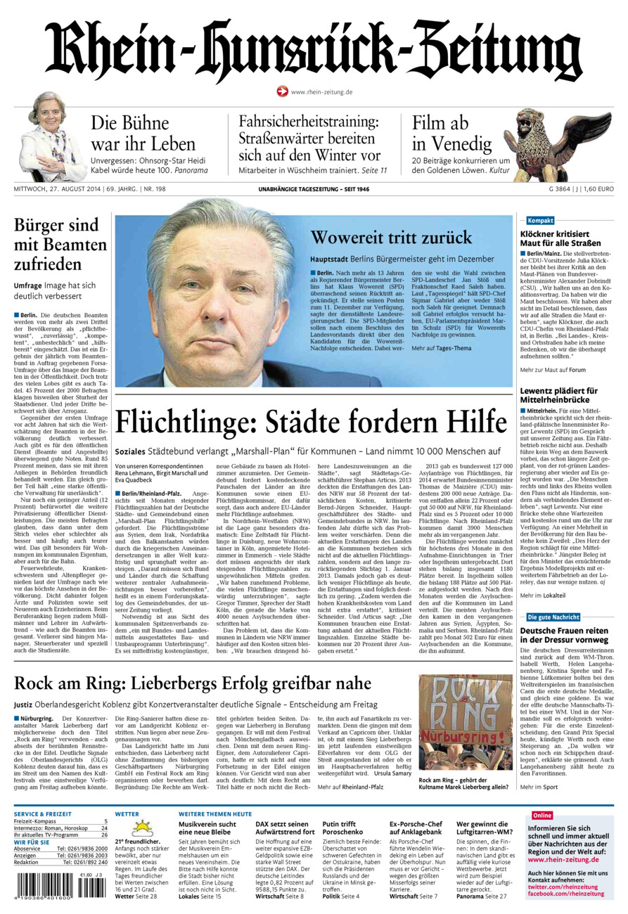 Rhein-Hunsrück-Zeitung vom Mittwoch, 27.08.2014