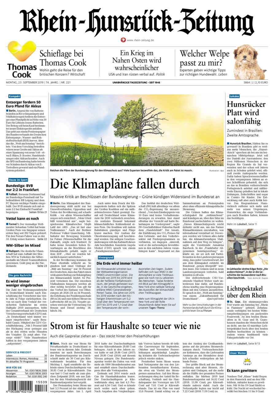 Rhein-Hunsrück-Zeitung vom Montag, 23.09.2019