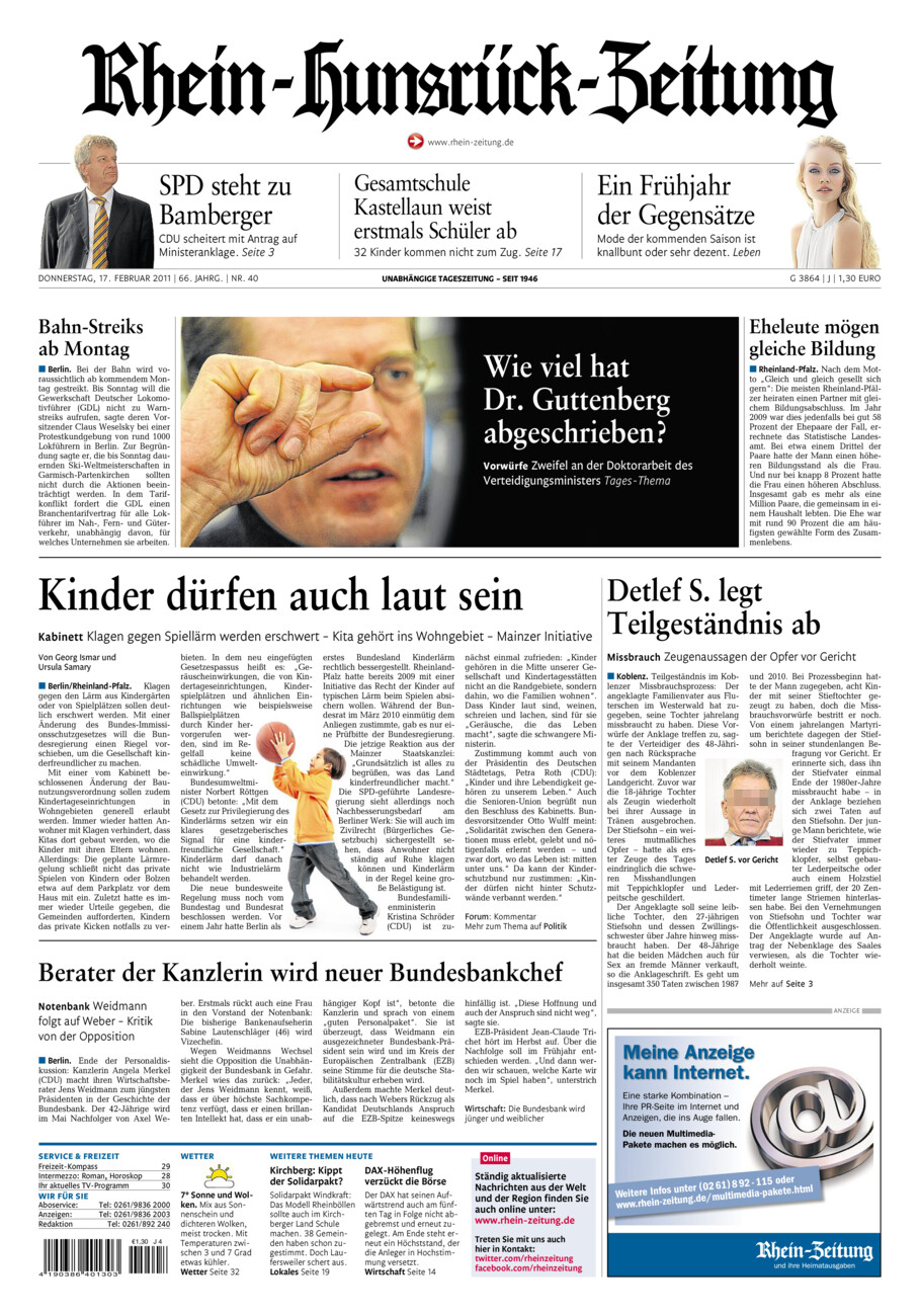 Rhein-Hunsrück-Zeitung vom Donnerstag, 17.02.2011