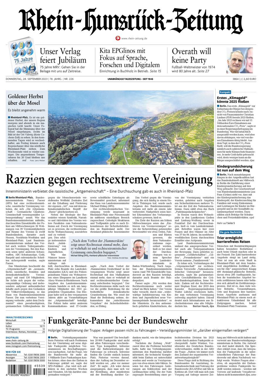 Rhein-Hunsrück-Zeitung vom Donnerstag, 28.09.2023