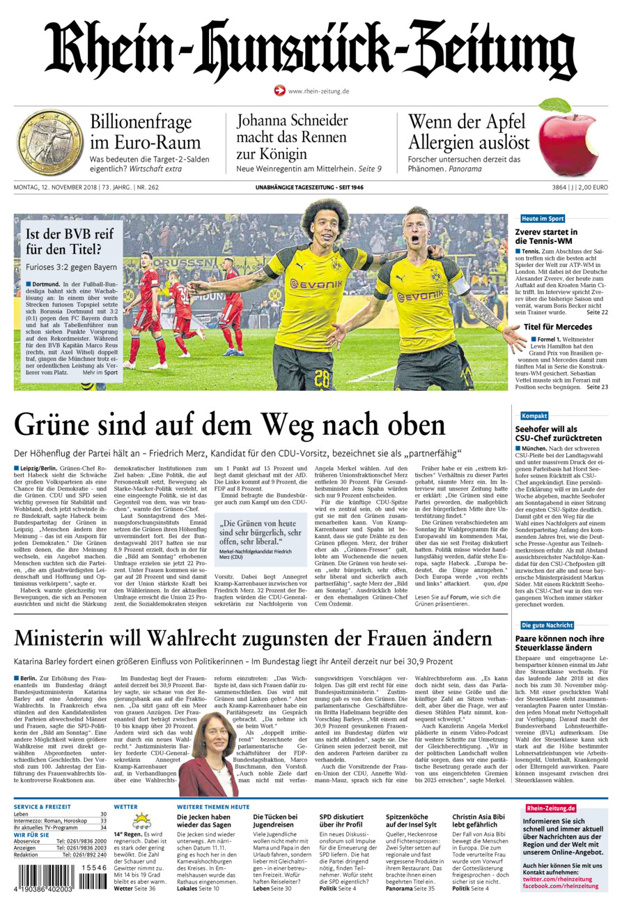 Rhein-Hunsrück-Zeitung vom Montag, 12.11.2018