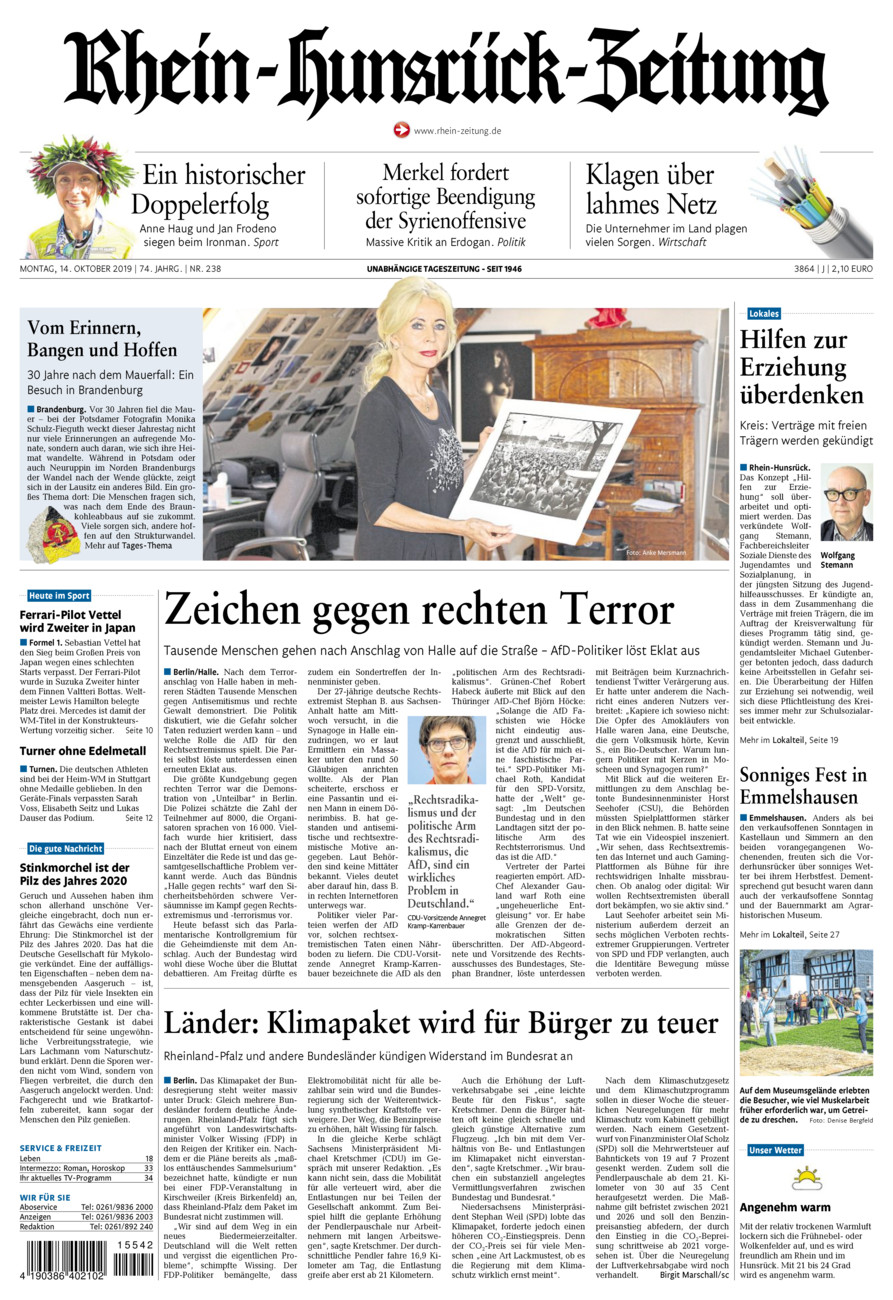Rhein-Hunsrück-Zeitung vom Montag, 14.10.2019