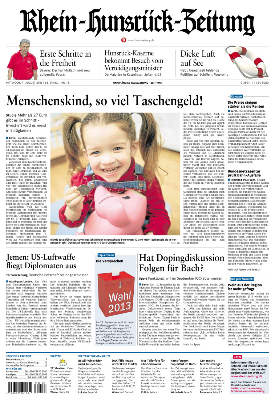 Rhein-Hunsrück-Zeitung vom Mittwoch, 07.08.2013