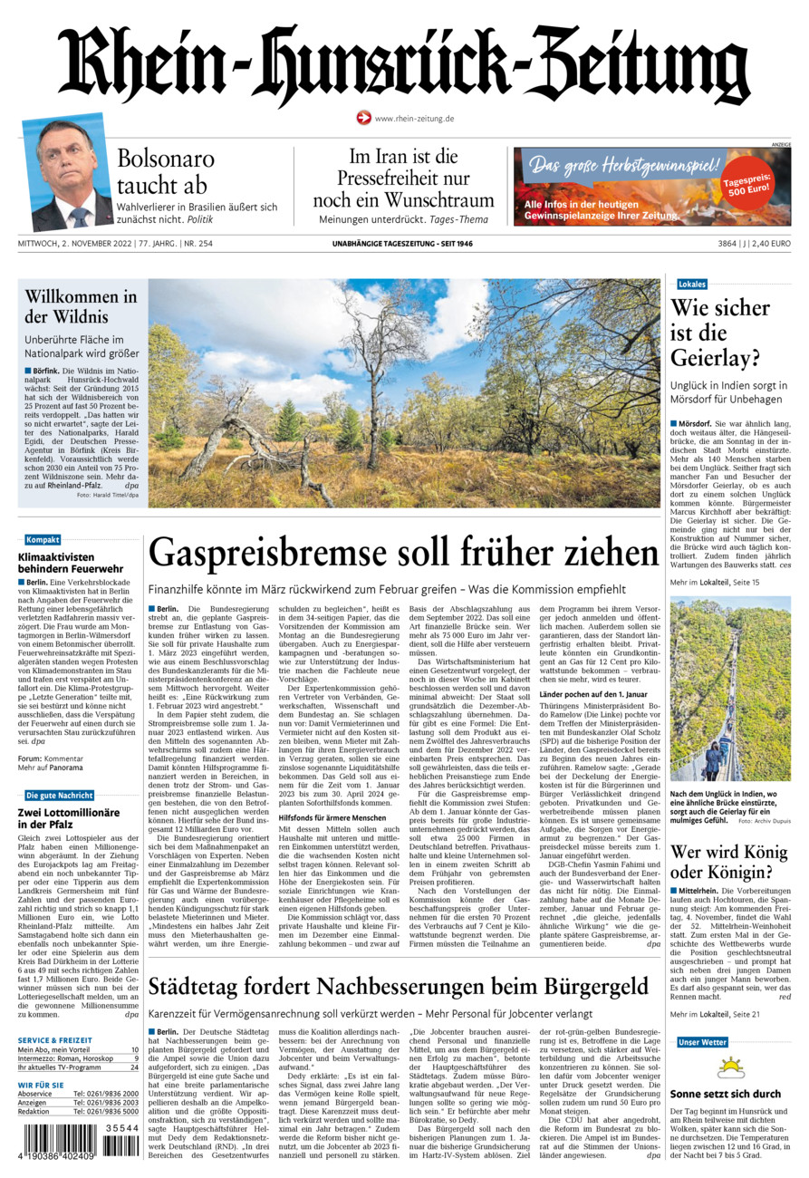 Rhein-Hunsrück-Zeitung vom Mittwoch, 02.11.2022