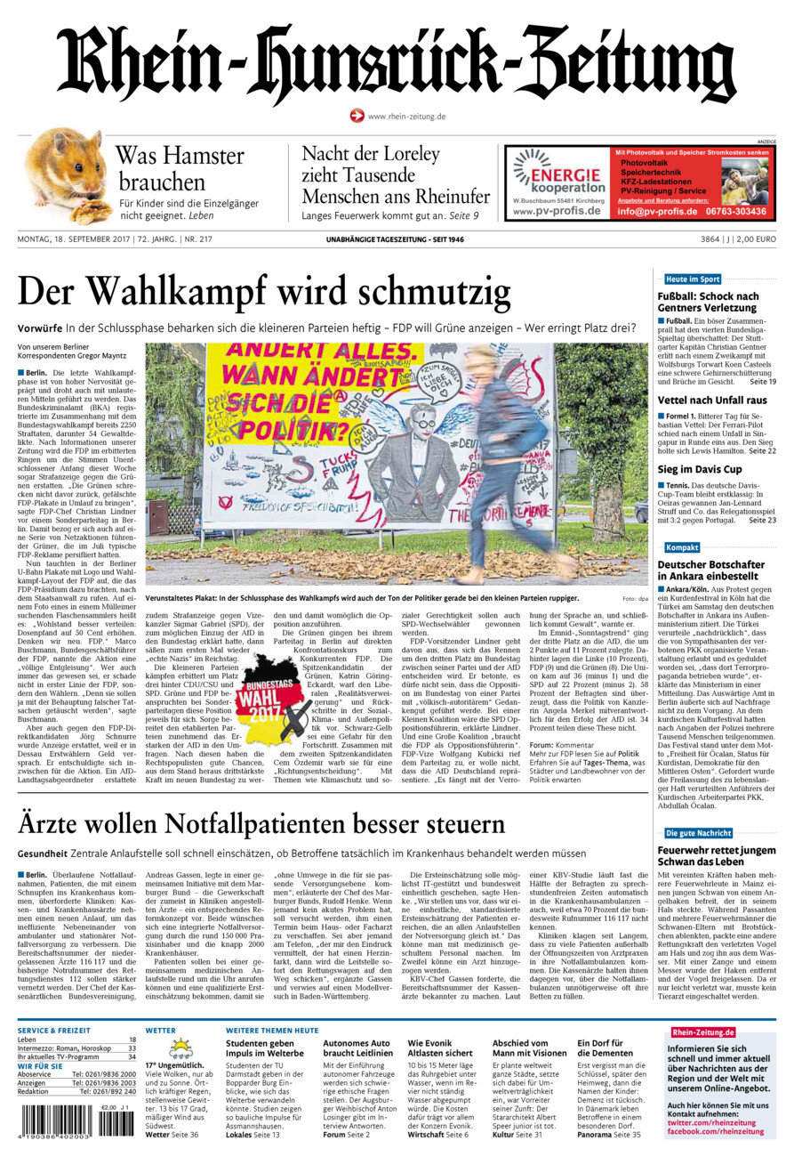 Rhein-Hunsrück-Zeitung vom Montag, 18.09.2017