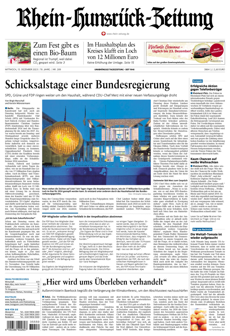 Rhein-Hunsrück-Zeitung vom Mittwoch, 13.12.2023
