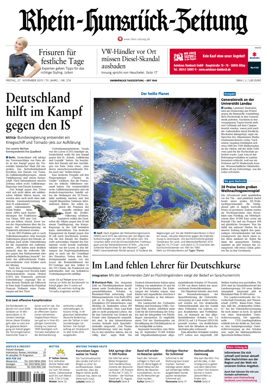 Rhein-Hunsrück-Zeitung vom Freitag, 27.11.2015