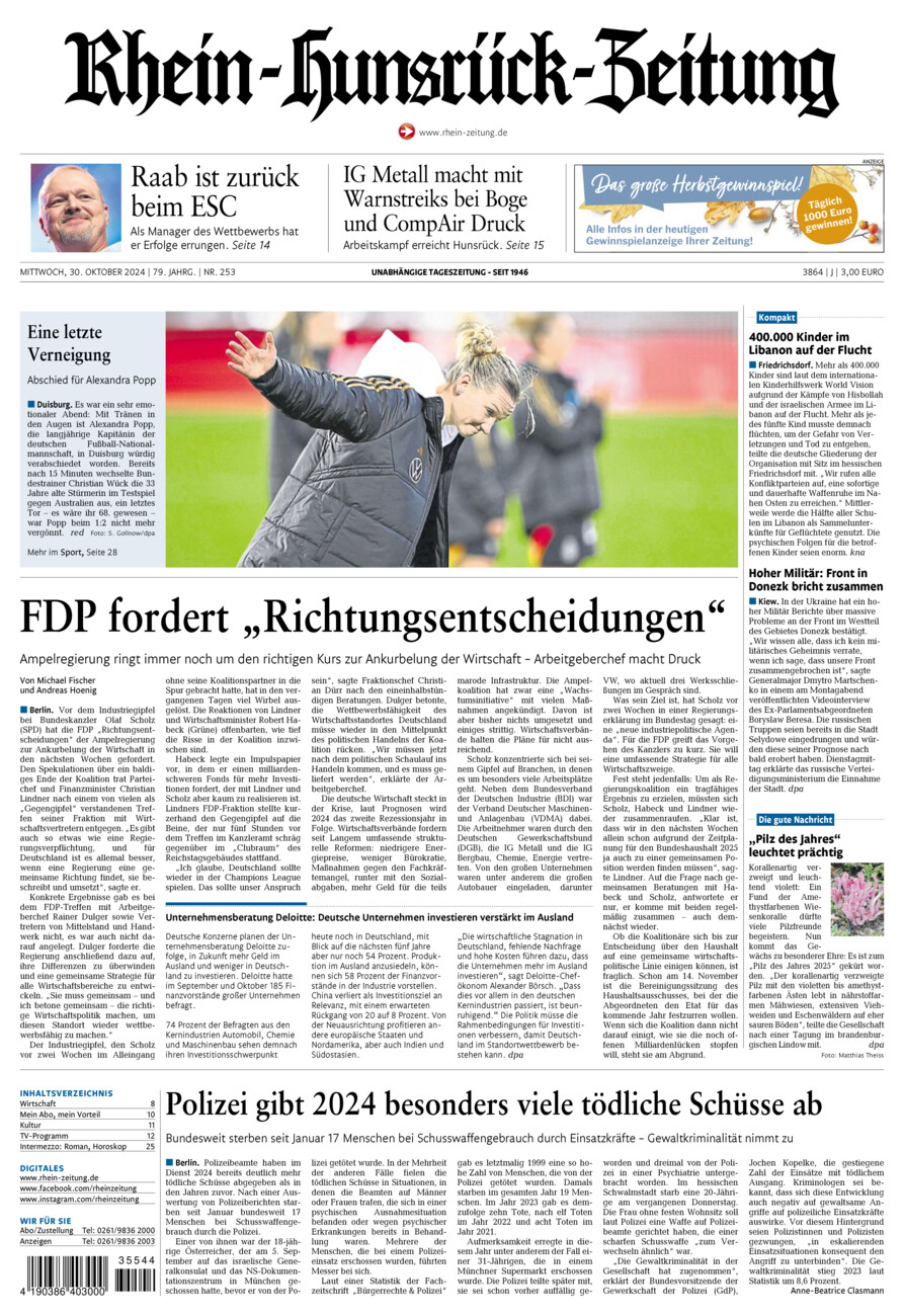 Rhein-Hunsrück-Zeitung vom Mittwoch, 30.10.2024