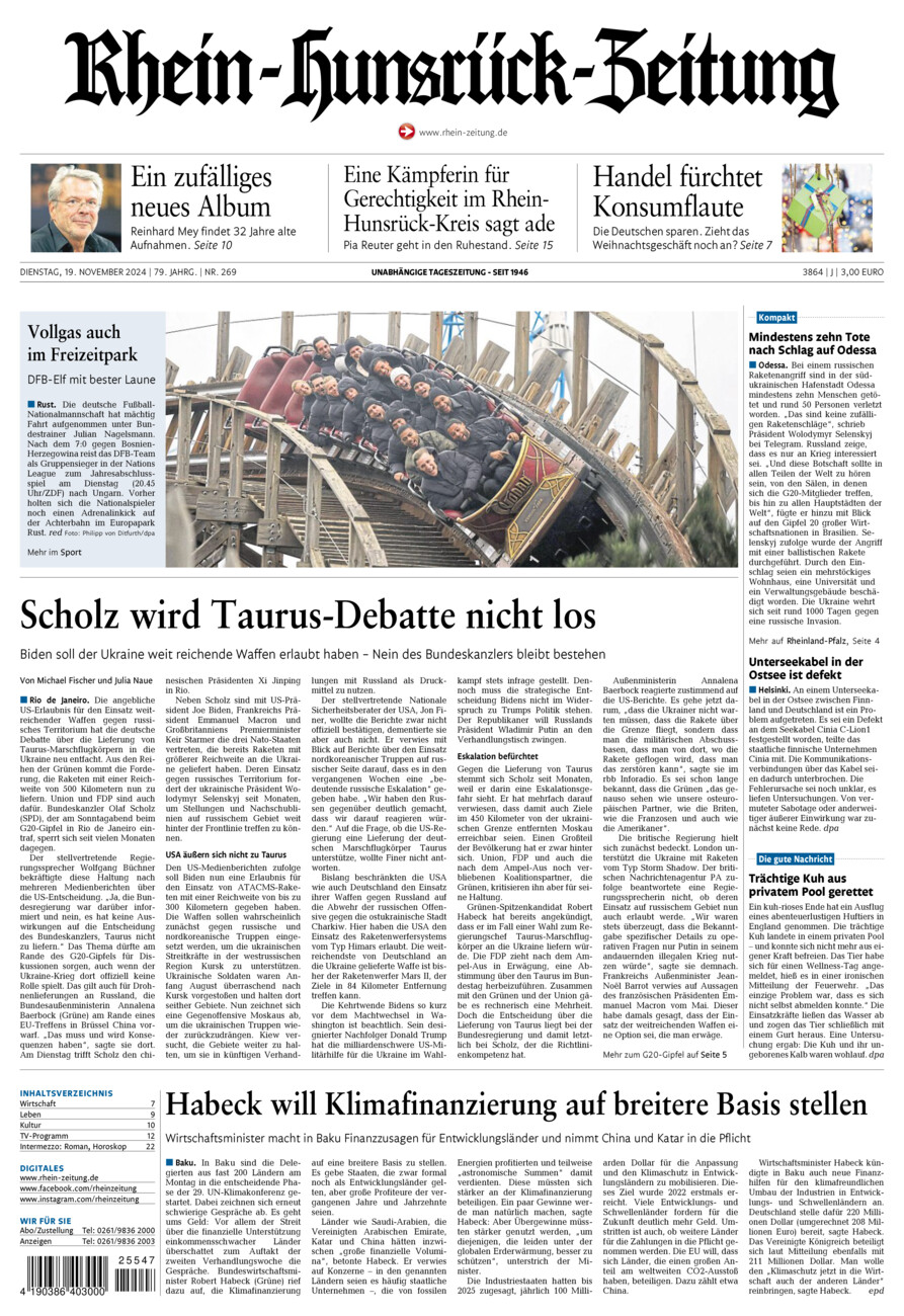 Rhein-Hunsrück-Zeitung vom Dienstag, 19.11.2024