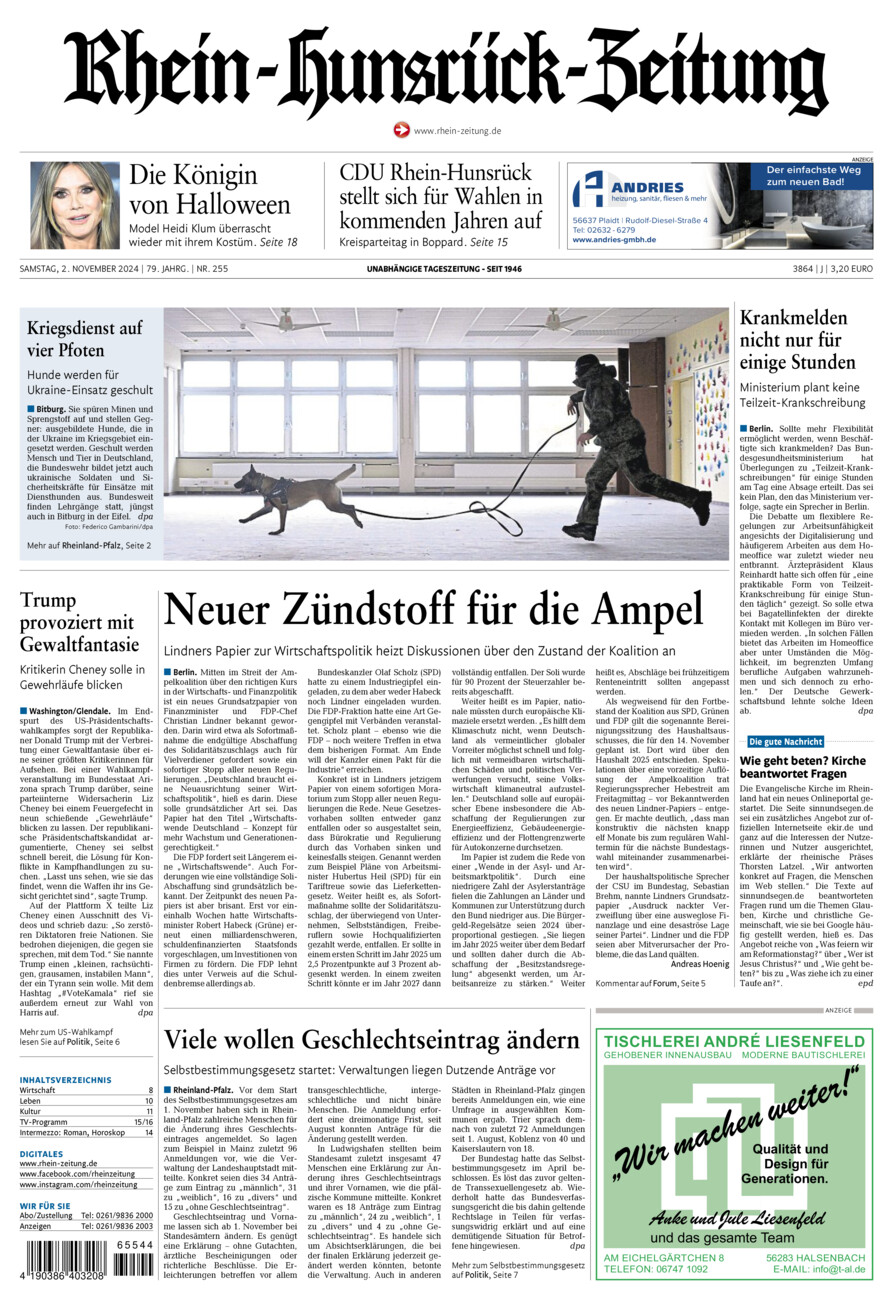 Rhein-Hunsrück-Zeitung vom Samstag, 02.11.2024