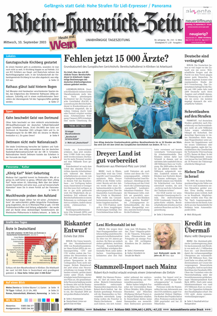 Rhein-Hunsrück-Zeitung vom Mittwoch, 10.09.2003