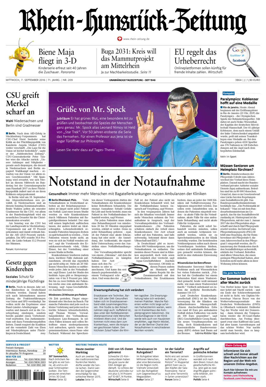 Rhein-Hunsrück-Zeitung vom Mittwoch, 07.09.2016