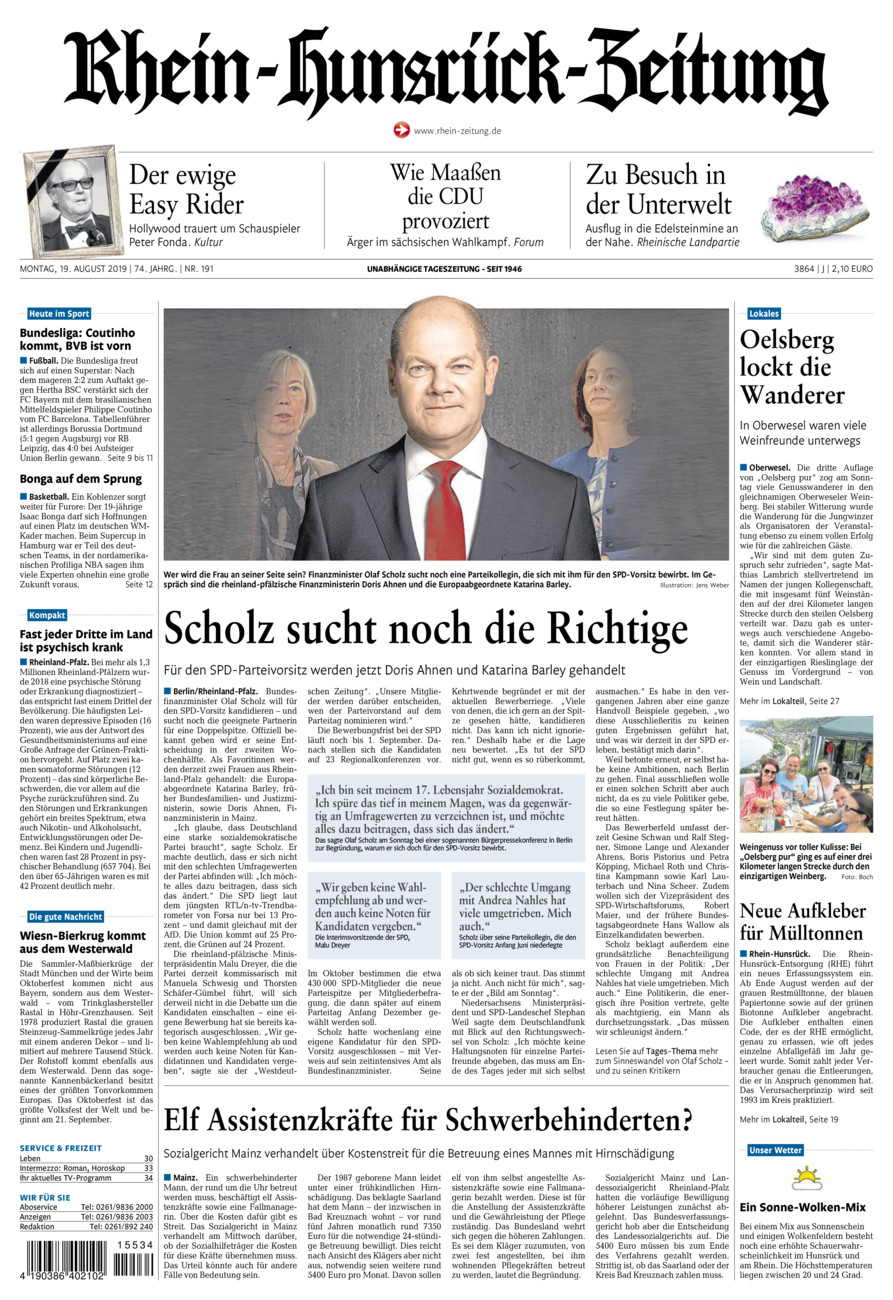 Rhein-Hunsrück-Zeitung vom Montag, 19.08.2019