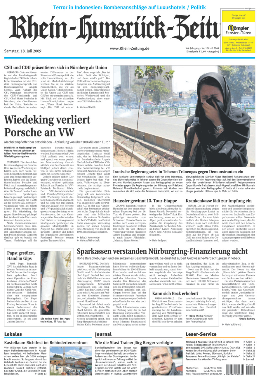 Rhein-Hunsrück-Zeitung vom Samstag, 18.07.2009