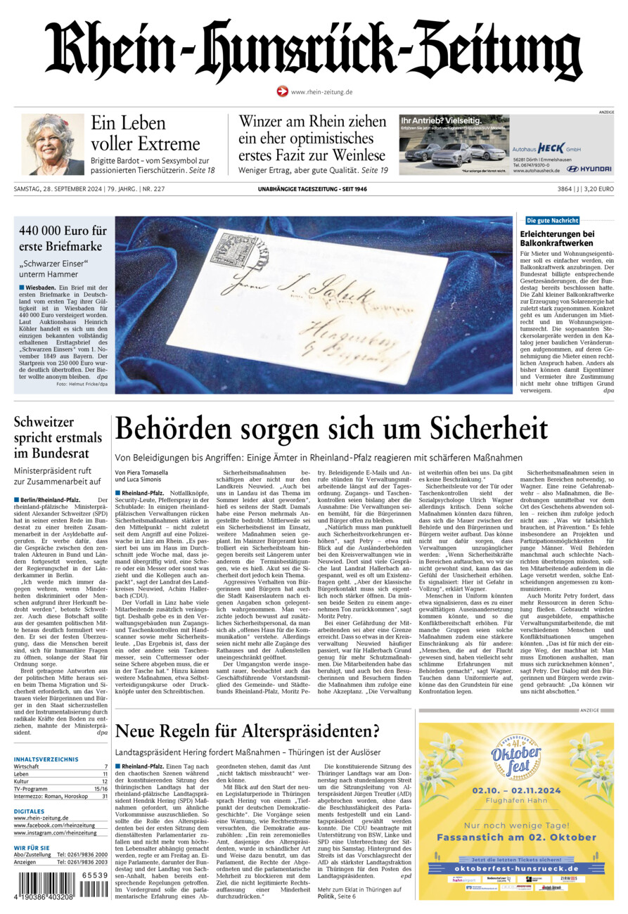 Rhein-Hunsrück-Zeitung vom Samstag, 28.09.2024