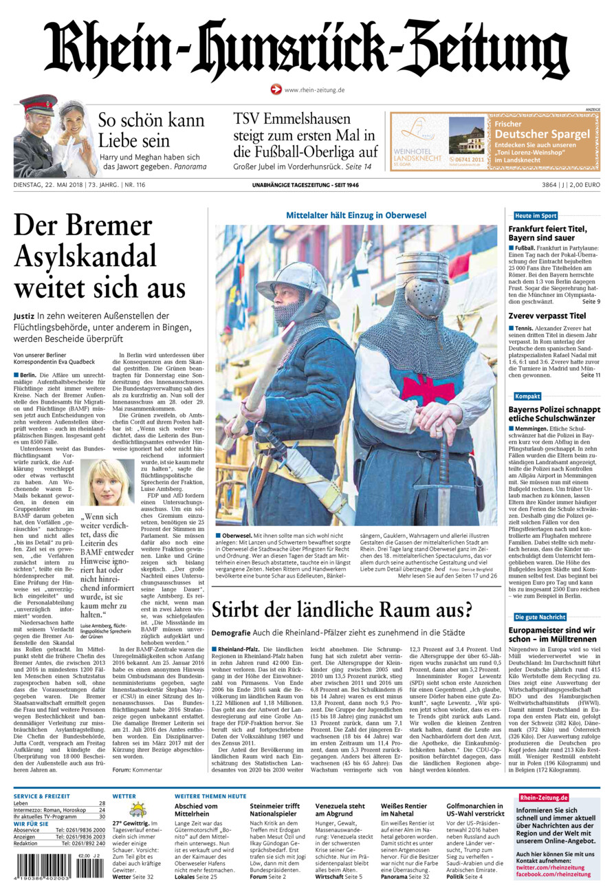 Rhein-Hunsrück-Zeitung vom Dienstag, 22.05.2018