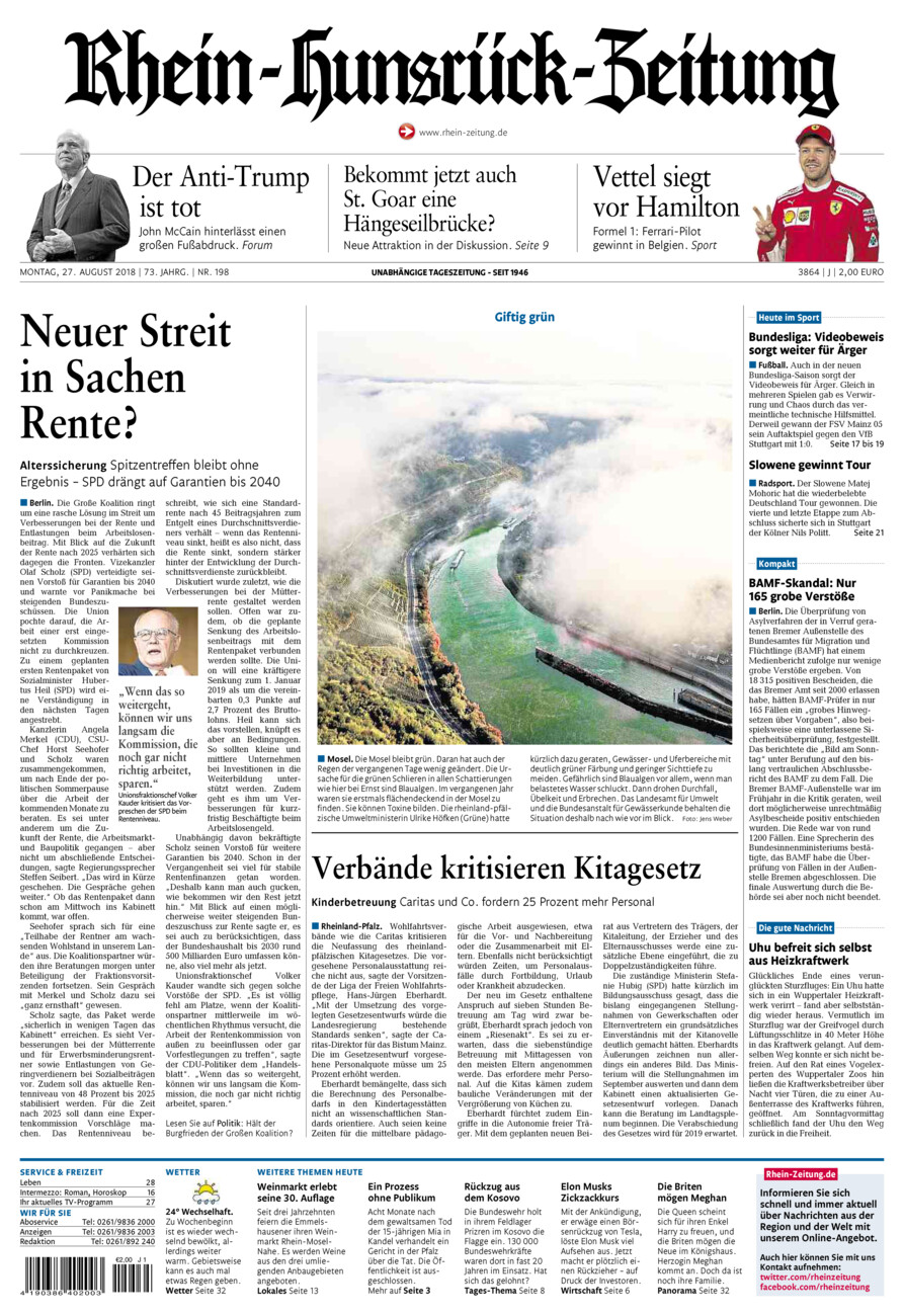 Rhein-Hunsrück-Zeitung vom Montag, 27.08.2018