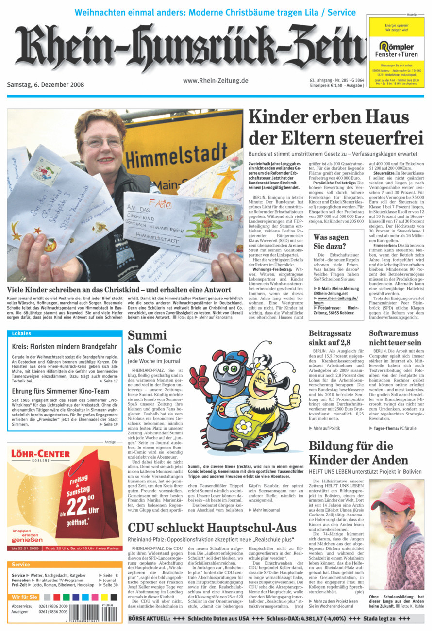 Rhein-Hunsrück-Zeitung vom Samstag, 06.12.2008