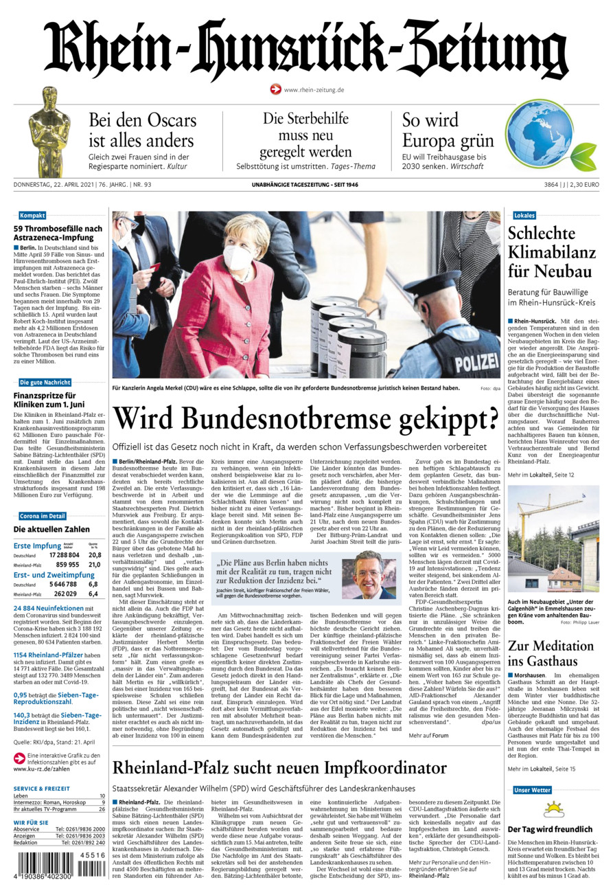 Rhein-Hunsrück-Zeitung vom Donnerstag, 22.04.2021
