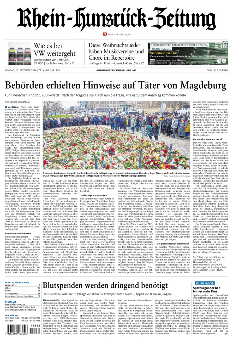 Rhein-Hunsrück-Zeitung vom Montag, 23.12.2024