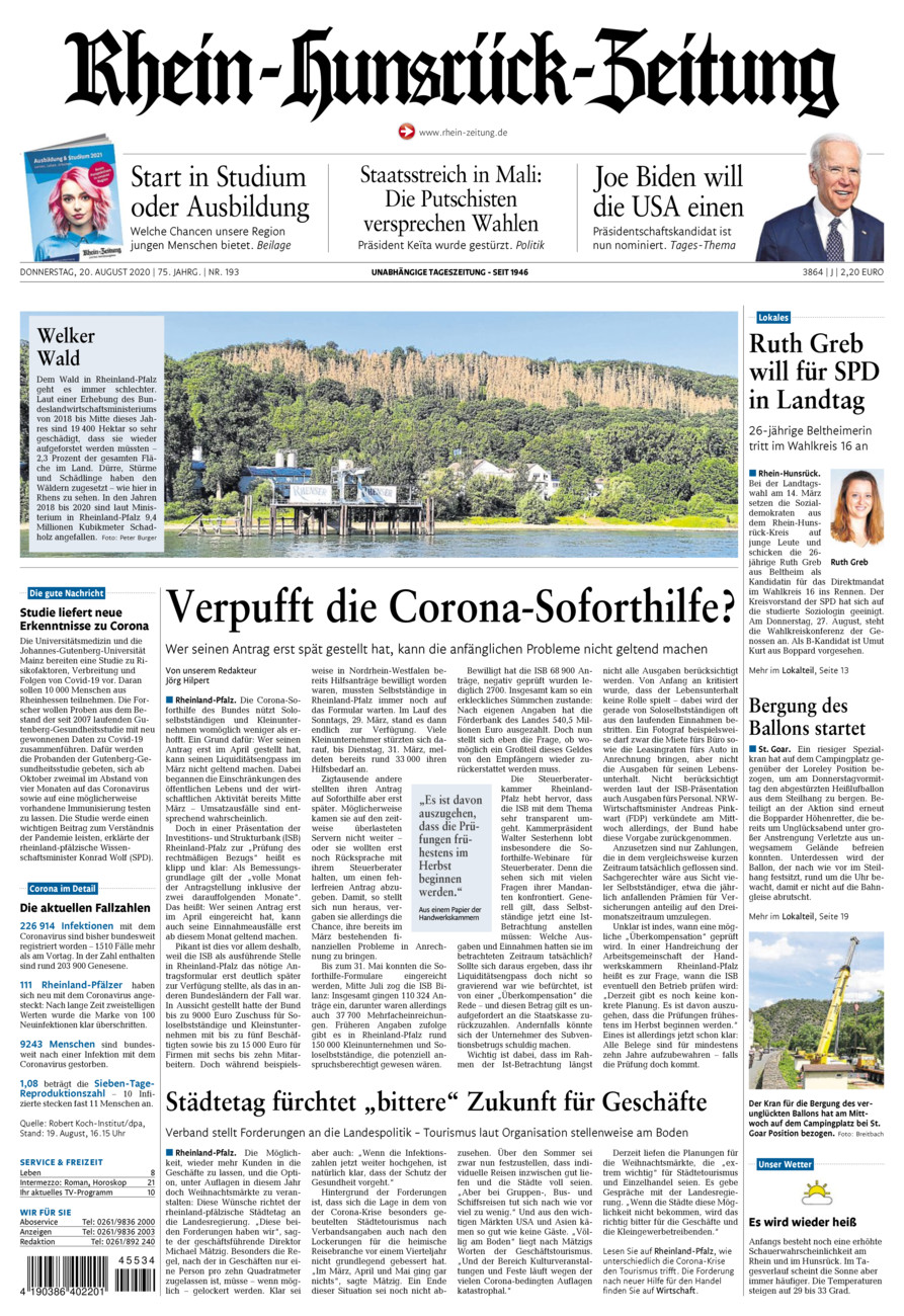 Rhein-Hunsrück-Zeitung vom Donnerstag, 20.08.2020