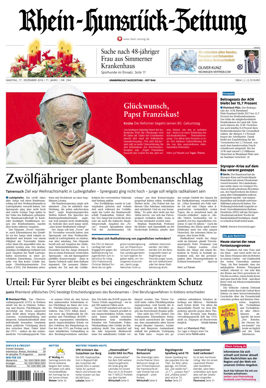 Rhein-Hunsrück-Zeitung vom Samstag, 17.12.2016